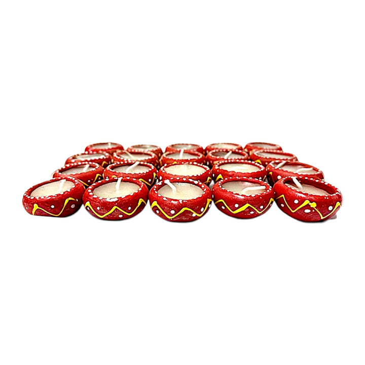 Hand-Painted Clay Diyas with Glitter Wax, Pack of 20 – Red with White Dots &amp; Yellow Zigzag