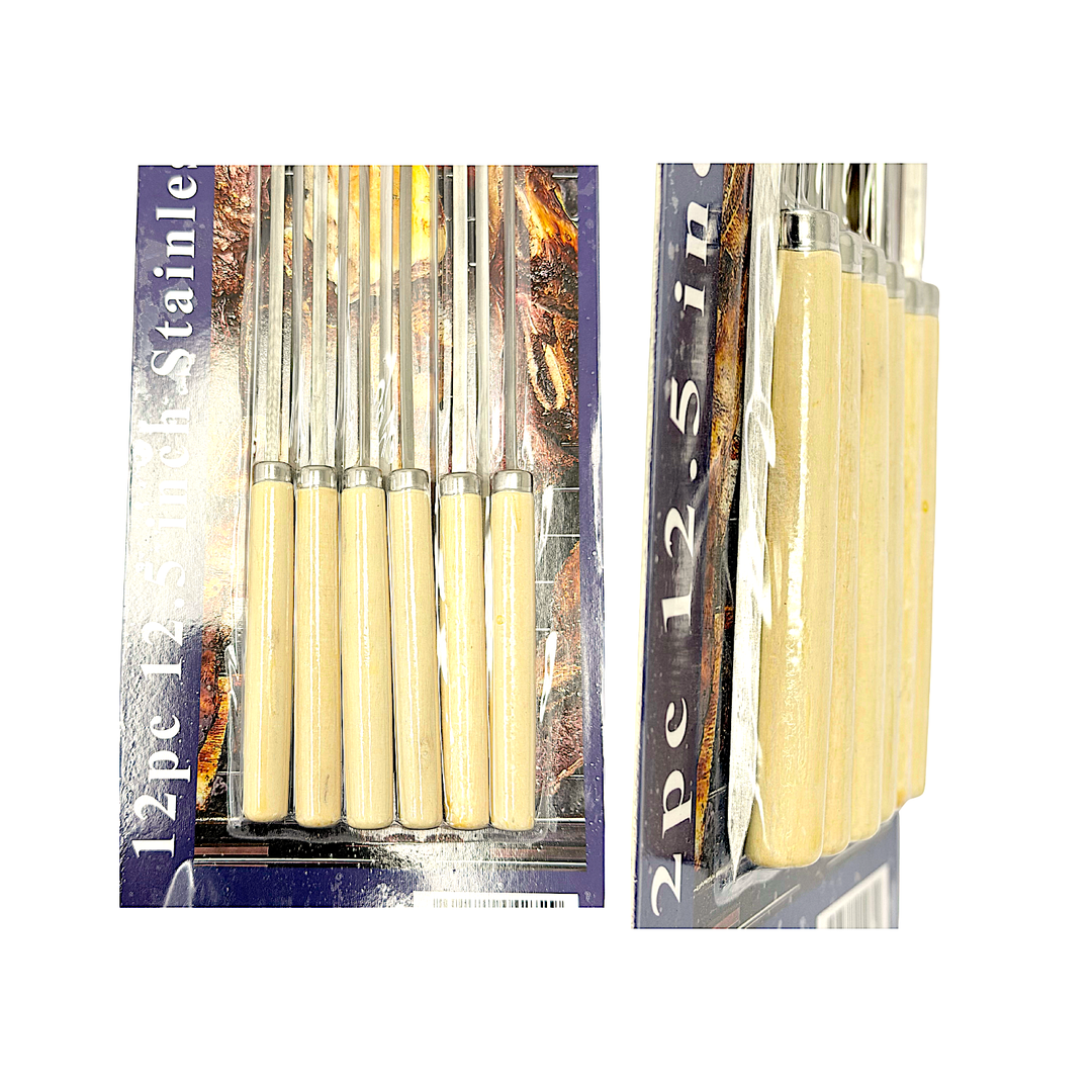 12 pc Stainless Steel BBQ Skewers, 12.5 Inch with Wooden Handle - view 2