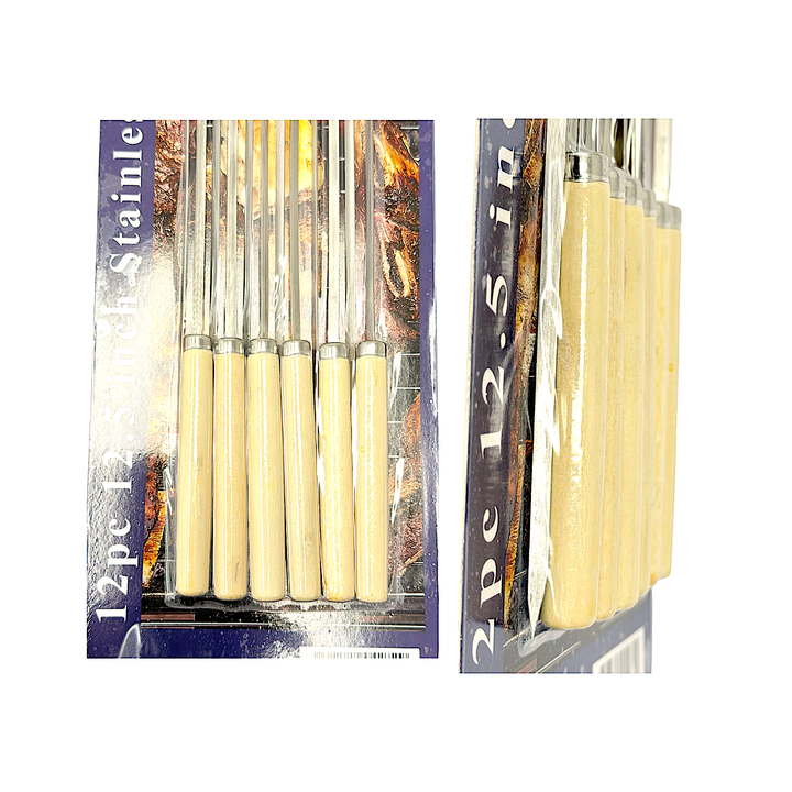 12 pc Stainless Steel BBQ Skewers, 12.5 Inch with Wooden Handle - view 2