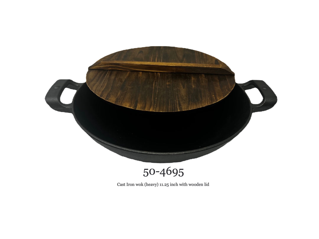 Cast Iron Iron Wok (heavy) 11.25 Inch W Wooden Lid