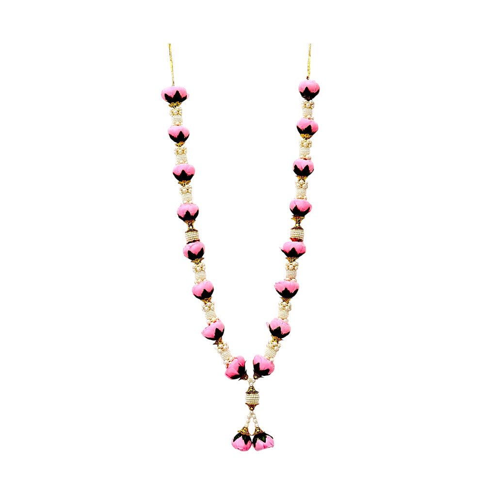 Artificial Rose Bud Garland with Pearl Beads, 24 Inch Indian Puja Mandir Garland, Wedding Festival Decor, Single or Double Set