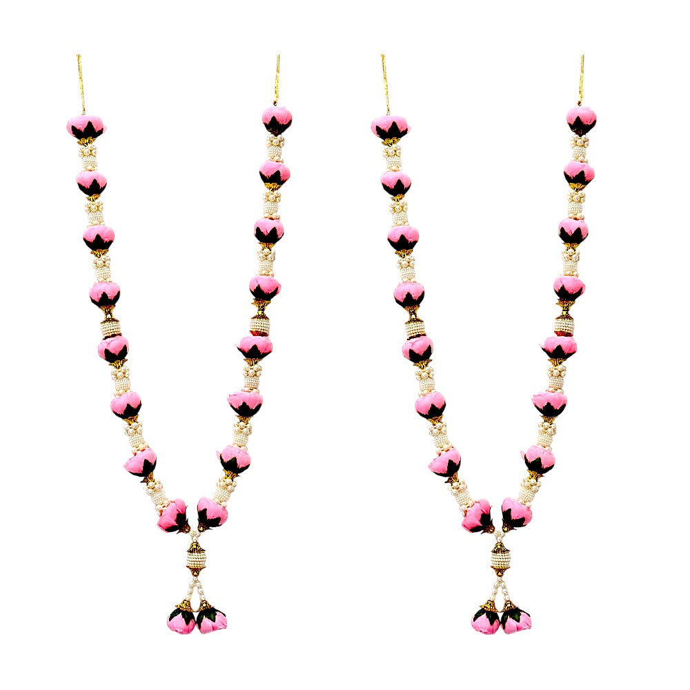 Artificial Rose Bud Garland with Pearl Beads, 24 Inch Indian Puja Mandir Garland, Wedding Festival Decor, Single or Double Set