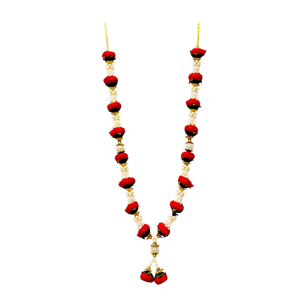 Artificial Rose Bud Garland with Pearl Beads, 24 Inch Indian Puja Mandir Garland, Wedding Festival Decor, Single or Double Set