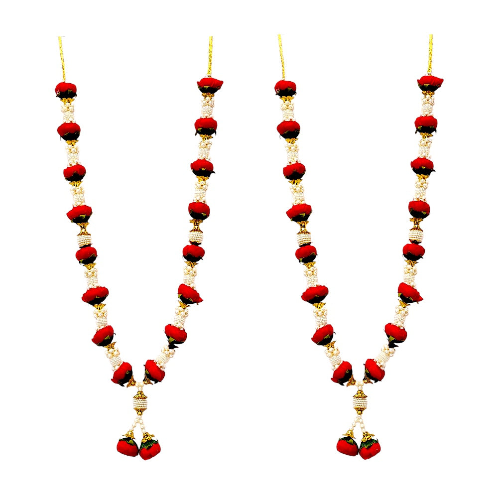 Artificial Rose Bud Garland with Pearl Beads, 24 Inch Indian Puja Mandir Garland, Wedding Festival Decor, Single or Double Set