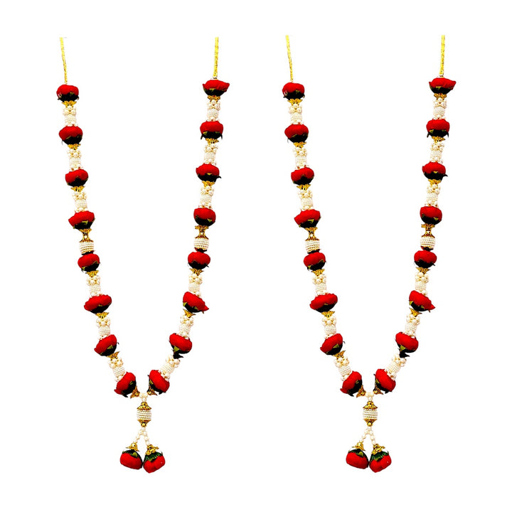 Artificial Rose Bud Garland with Pearl Beads, 24 Inch Indian Puja Mandir Garland, Wedding Festival Decor, Single or Double Set