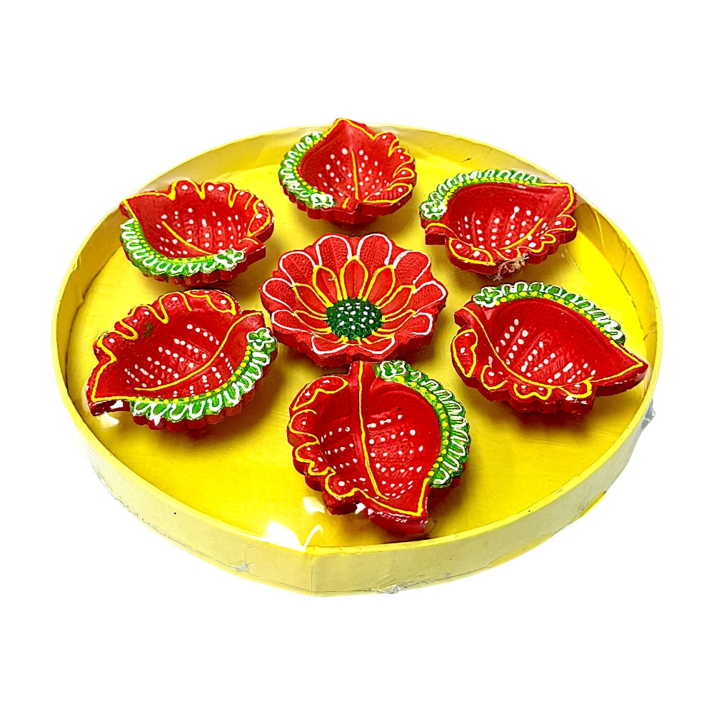 Set of 7 colored clay diyas, on round tray, colors and design may vary