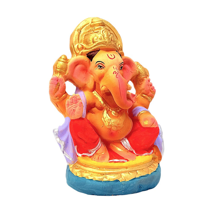 Eco Friendly Ganesha 8" — Clay Ganpati Murti in Saffron with Purple Shawl | Handmade