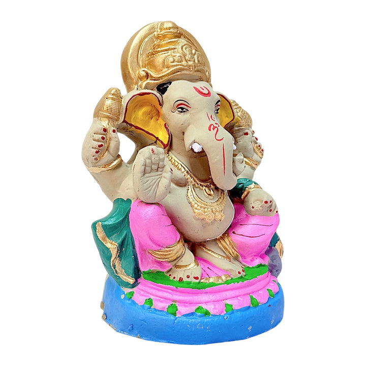 Eco-Friendly Clay Ganesha, clay, color and gold on throne 8" (colors may vary)