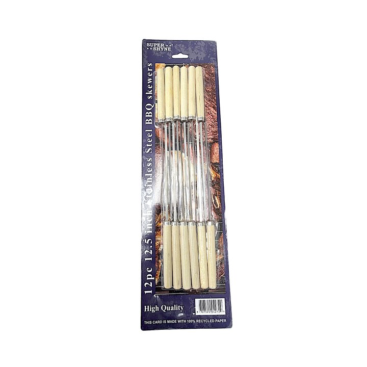 12 pc Stainless Steel BBQ Skewers, 12.5 Inch with Wooden Handle