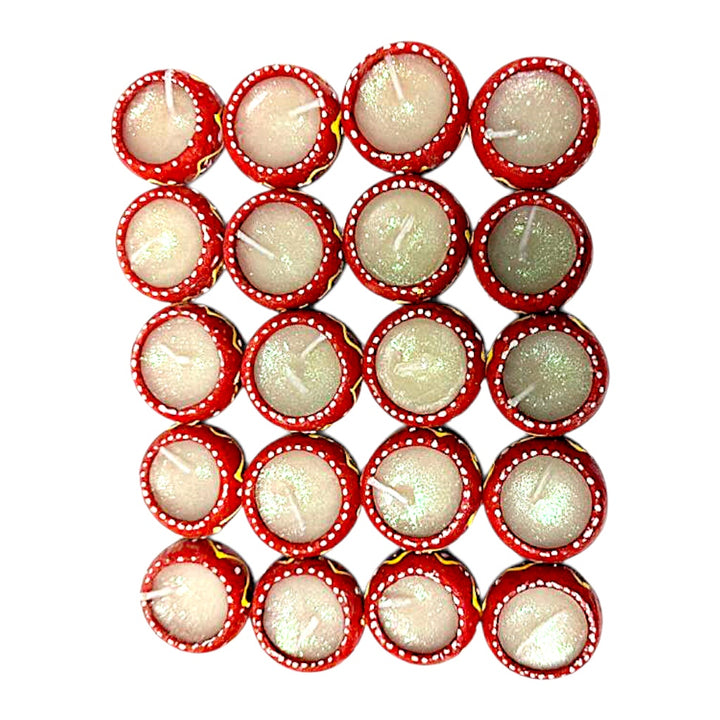 Hand-Painted Clay Diyas with Glitter Wax, Pack of 20 – Red with White Dots &amp; Yellow Zigzag