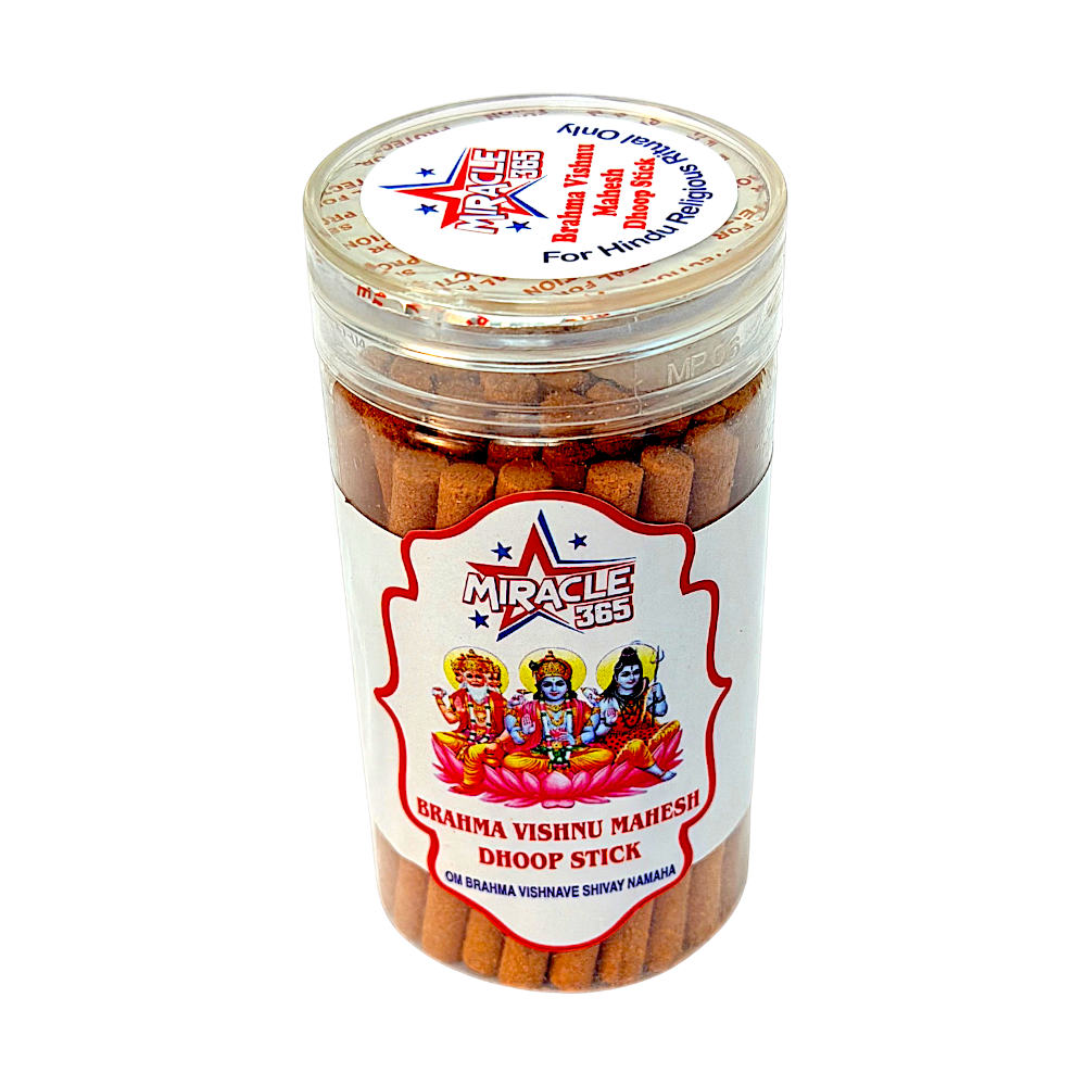 Brahma Vishnu Mahesh dhoop jar angled view showing lid label
