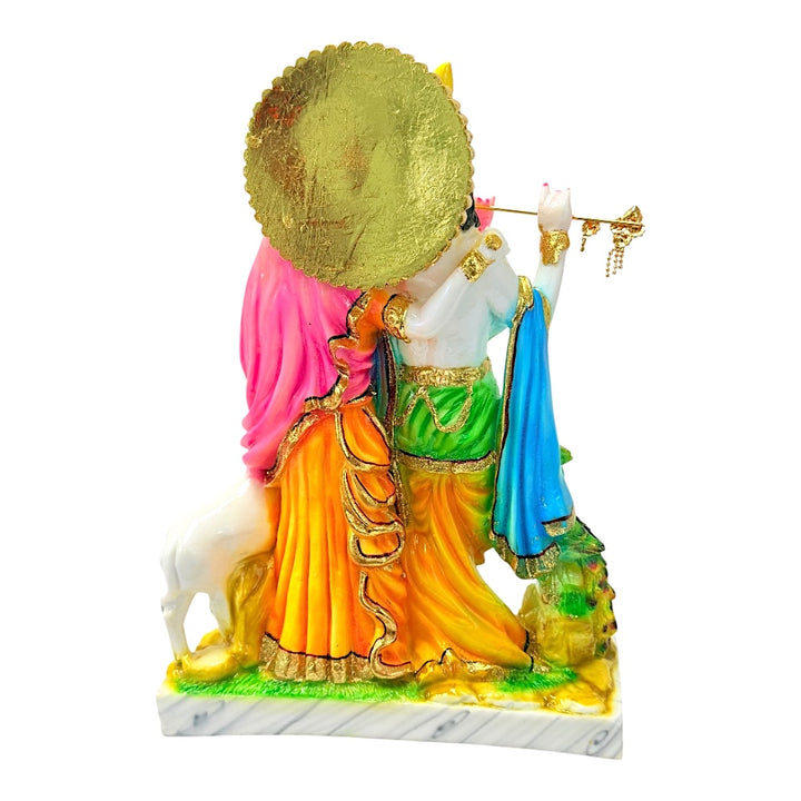 Radha Krishna Marble Dust Murti 12" — Handcrafted Idol with Peacock, Cow &amp; Gold Detailing