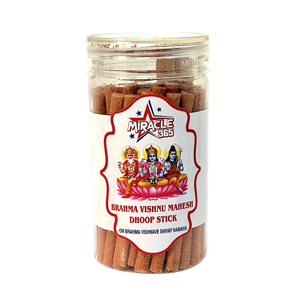 Miracle 365 Brahma Vishnu Mahesh Dhoop Sticks nag champa 100 g jar, front label with Trimurti on lotus
