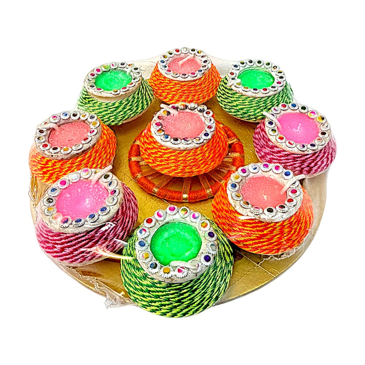 Thread-Wrapped Clay Matki Diyas with Rhinestone Rim &amp; Colored Wax, Set of 9 on Round Gold Tray – Assorted Colors