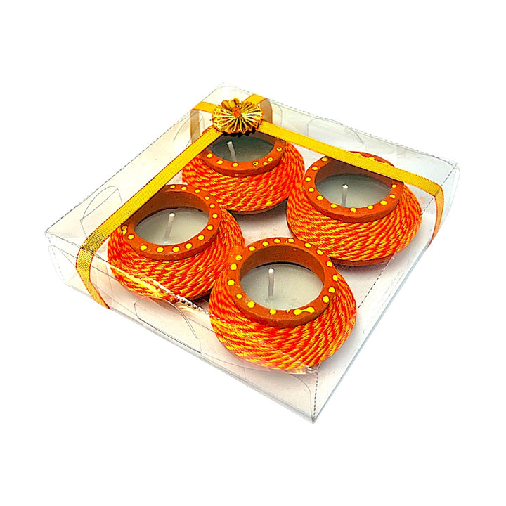 Thread-Wrapped Clay Matki Diyas with Wax, Set of 4 – Assorted Colors, Gift Boxed
