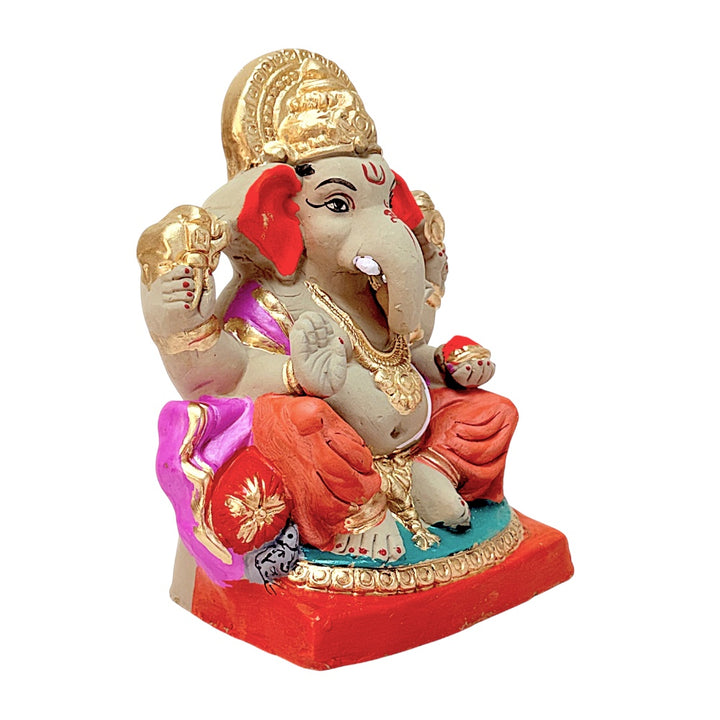Eco Friendly Ganesha 8" — Clay Ganpati Murti with Gold Mukut &amp; Orange Dhoti | Handmade Natural Finish
