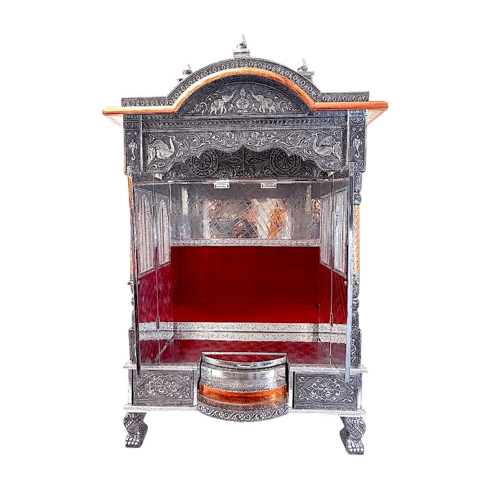 Oxidized Silver &amp; Copper Temple Mandir with Doors, Drawers &amp; Shikhar Dome — Large Home Puja Temple 24 Inch*15 Inch Temple