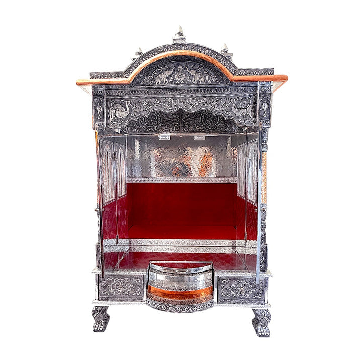 Oxidized Silver &amp; Copper Temple Mandir with Doors, Drawers &amp; Shikhar Dome — Large Home Puja Temple 24 Inch*15 Inch Temple
