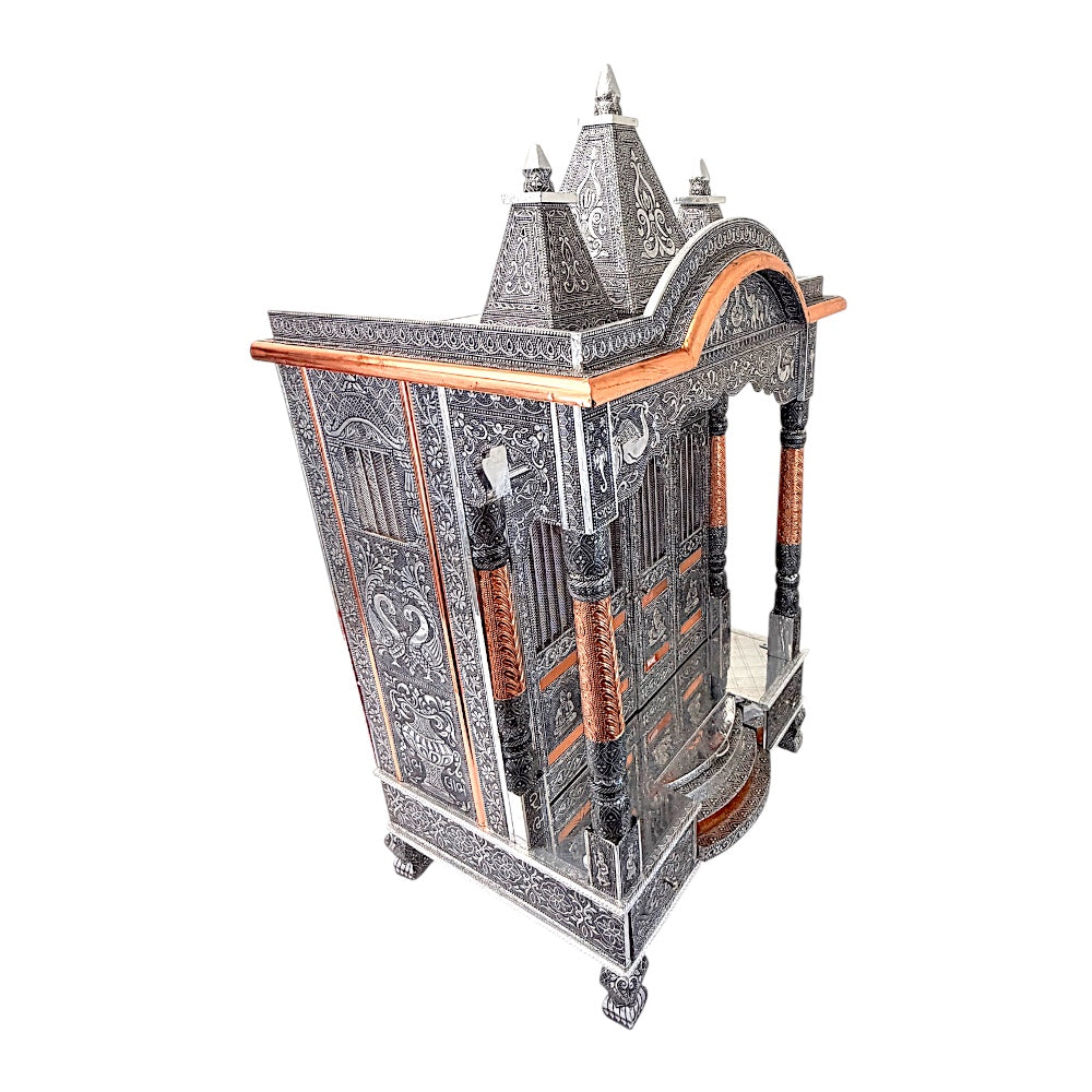Oxidized Silver &amp; Copper Temple Mandir with Doors, Drawers &amp; Shikhar Dome — Large Home Puja Temple 24 Inch*15 Inch Temple