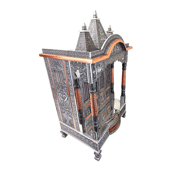 Oxidized Silver &amp; Copper Temple Mandir with Doors, Drawers &amp; Shikhar Dome — Large Home Puja Temple 24 Inch*15 Inch Temple