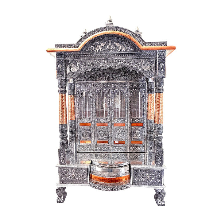 Oxidized Silver &amp; Copper Temple Mandir with Doors, Drawers &amp; Shikhar Dome — Large Home Puja Temple 24 Inch*15 Inch Temple