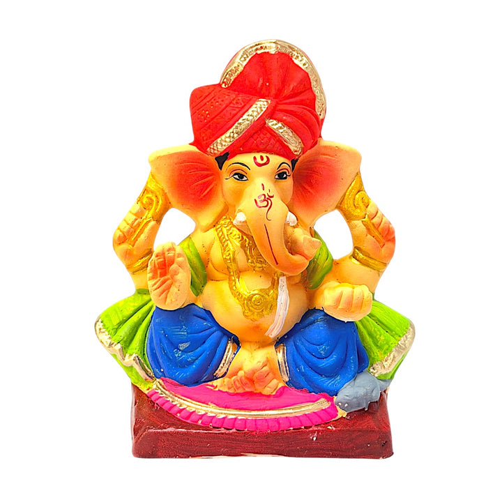 Eco Friendly Ganesha 6" — Clay Ganpati Murti with Turban (Color combinations may vary)