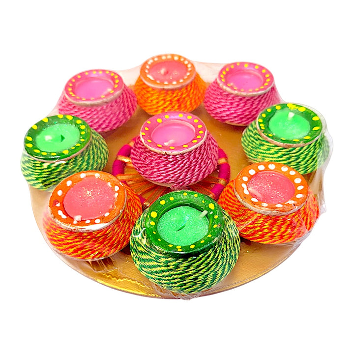 Thread-Wrapped Clay Matki Diyas with Colored Wax, Set of 9 on Round Gold Tray – Assorted Colors
