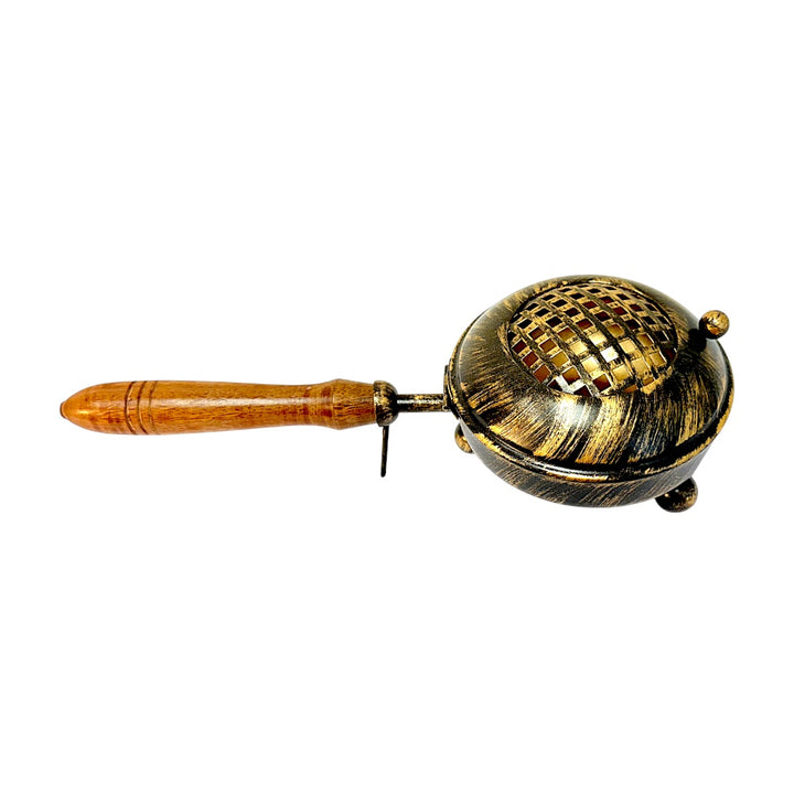Metallic antique look incense burner with wooden handle - 4.25 Inches