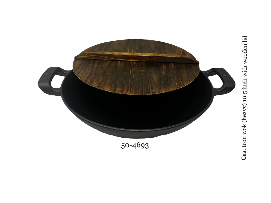 Cast Iron Wok (Heavy) 10.5 Inch with Wooden Lid