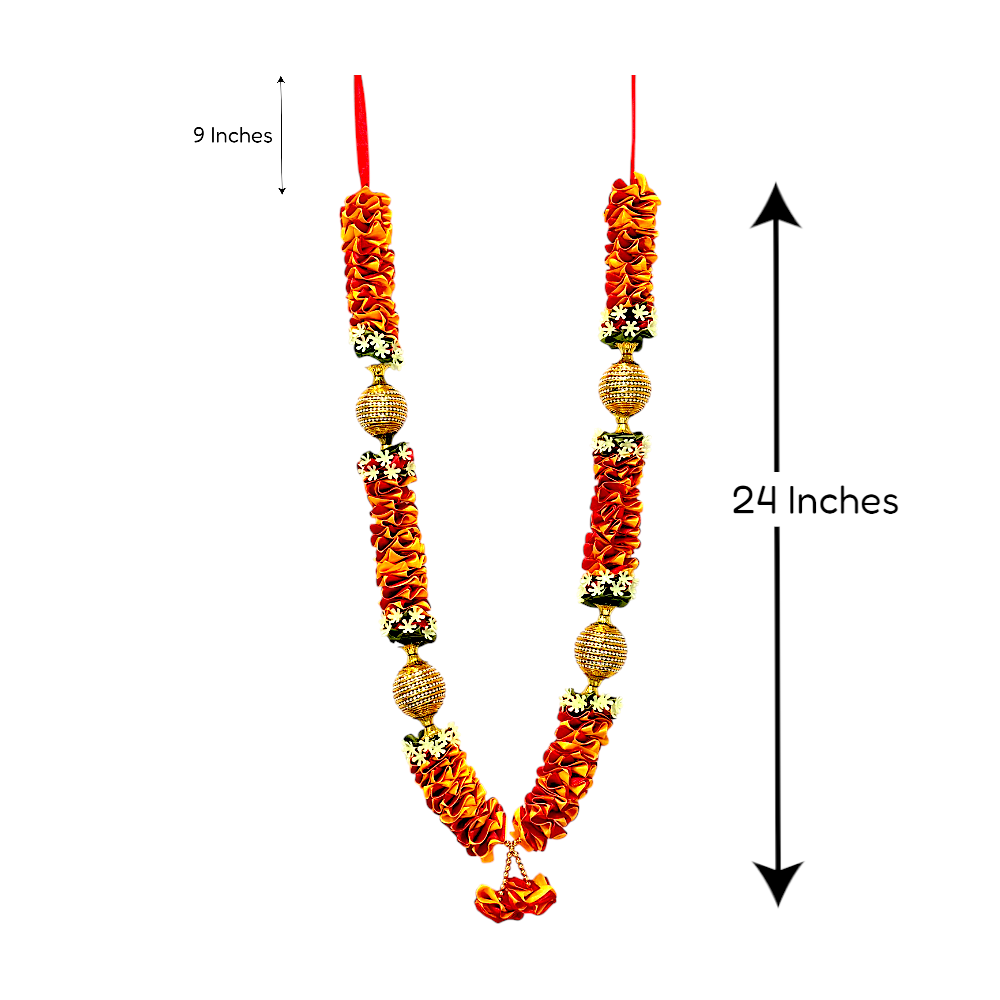 Artificial Floral Garland with Gold Beads, 24 Inch Indian Puja Mandir Garland, Festival Wedding Decor