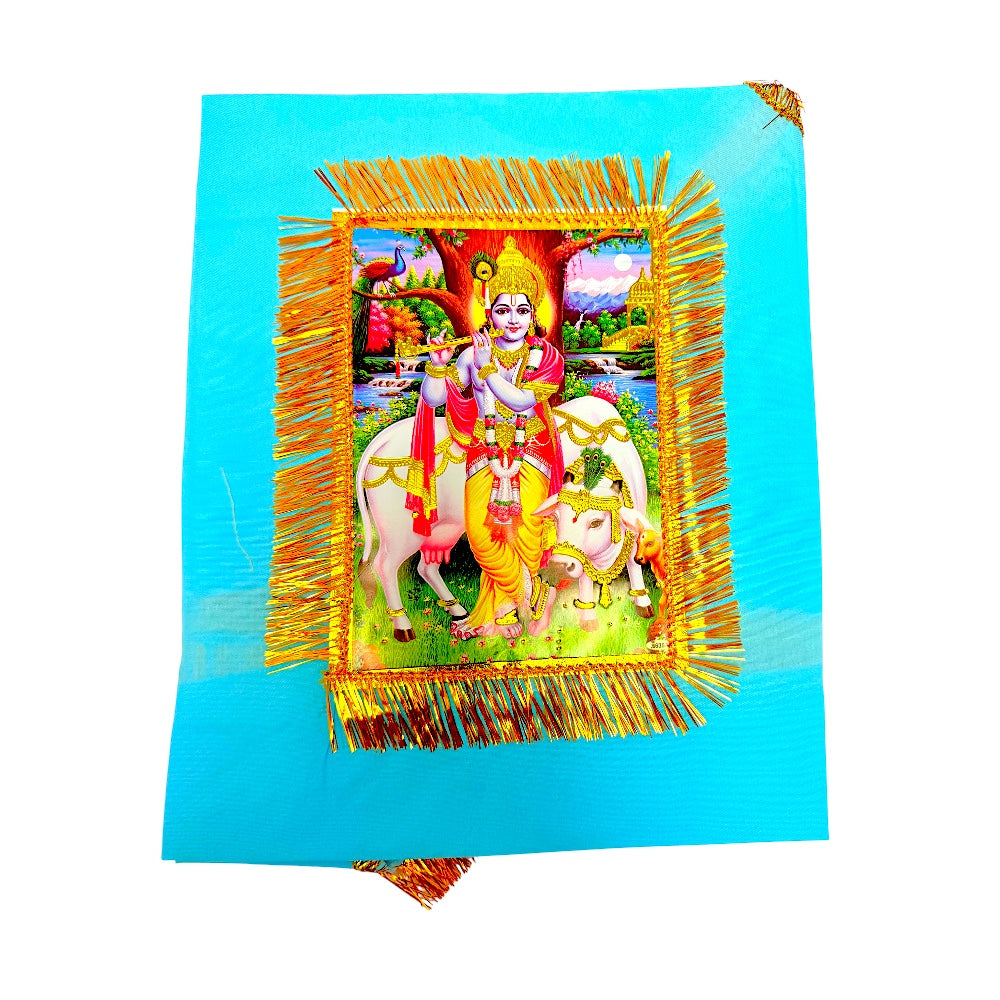 Blue Jhandi Flag with Krishna — Devotional Prayer Flag with Gold Fringe | Krishna Jhandi for Mandir &amp; Outdoor Pole