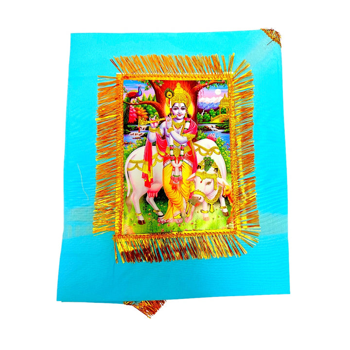 Blue Jhandi Flag with Krishna — Devotional Prayer Flag with Gold Fringe | Krishna Jhandi for Mandir &amp; Outdoor Pole