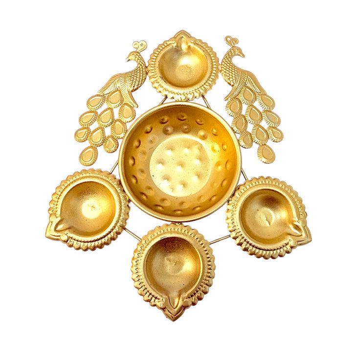 Peacock Urli Diya Set with 4 Diyas – Gold Tone Decorative Puja &amp; Diwali Centerpiece, 7.5 inches