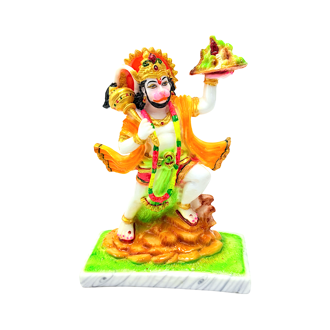 Lord Hanuman with Mountain, Colorful Marble Dust, 9 Inch Idol