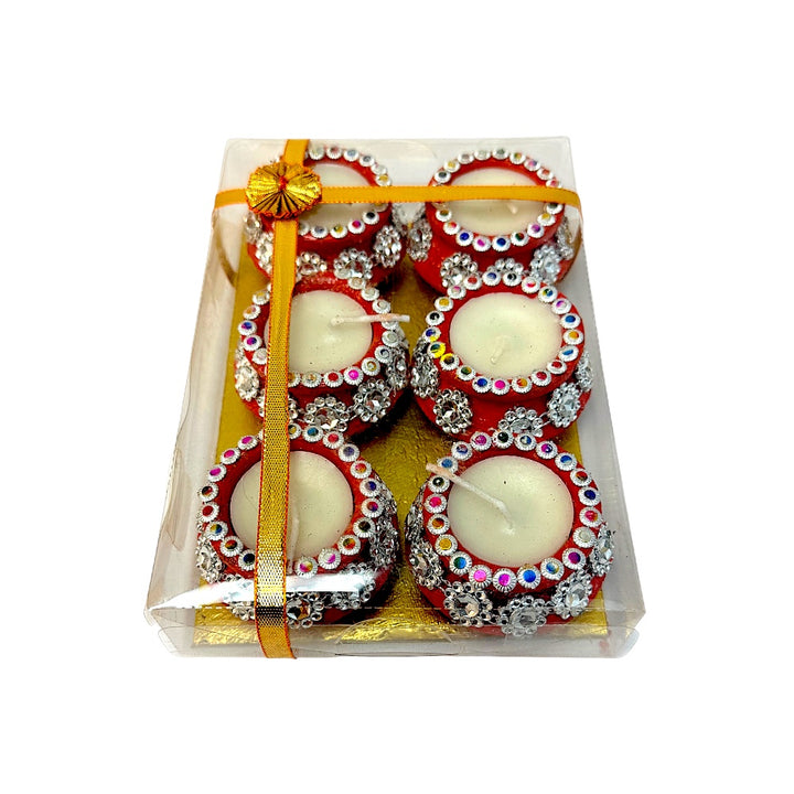 Wax-Filled Clay Matki Diyas, Set of 6 – Rhinestone Studded, Gift Boxed (Assorted Colors)