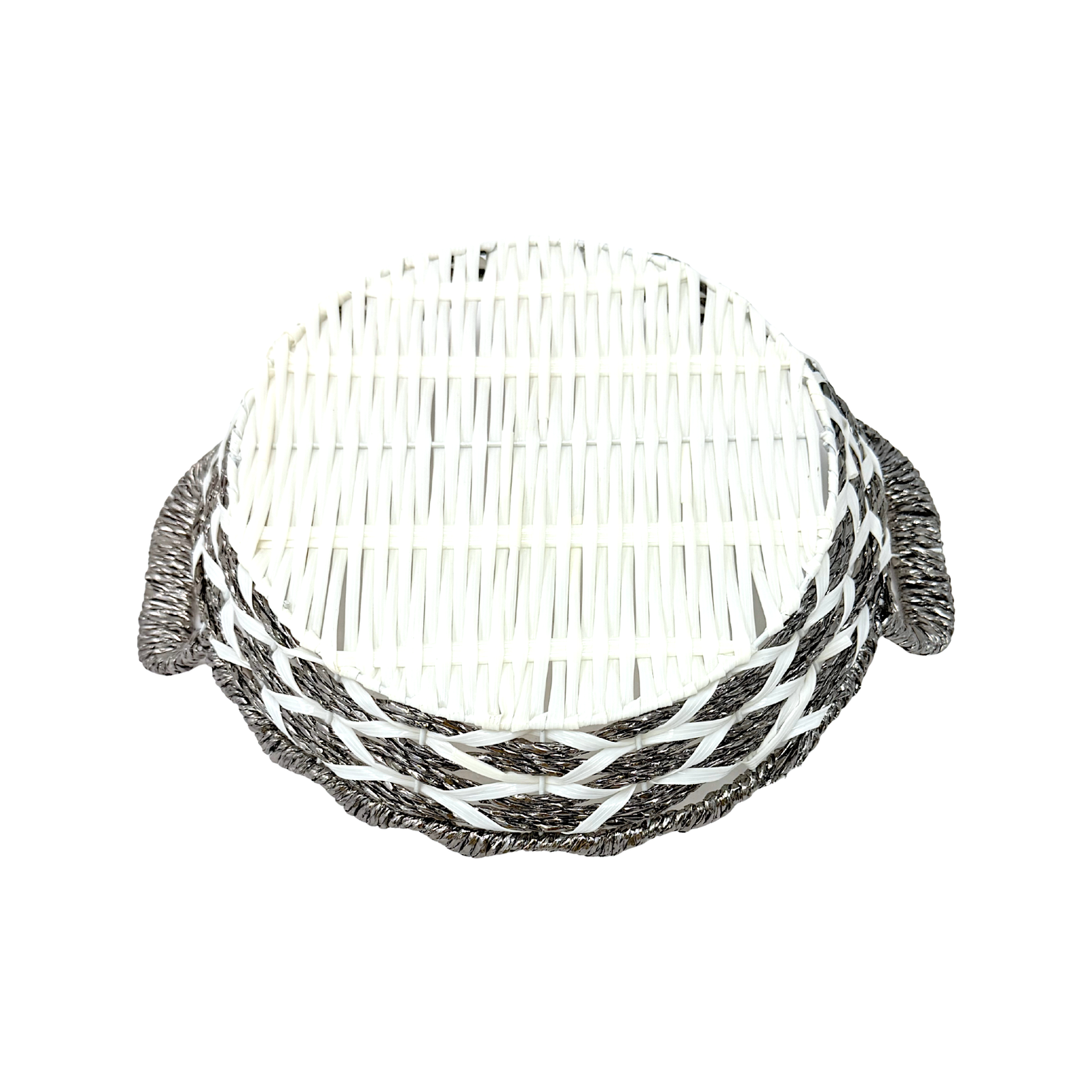 Mkaurs Round Woven White and Metallic Bronze Wicker Basket with Handles