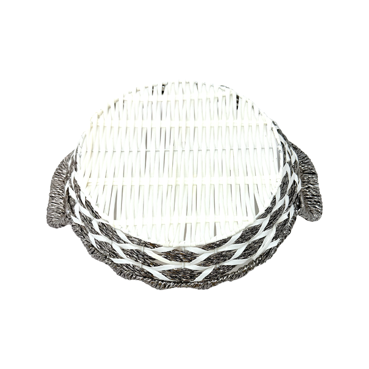 Mkaurs Round Woven White and Metallic Bronze Wicker Basket with Handles