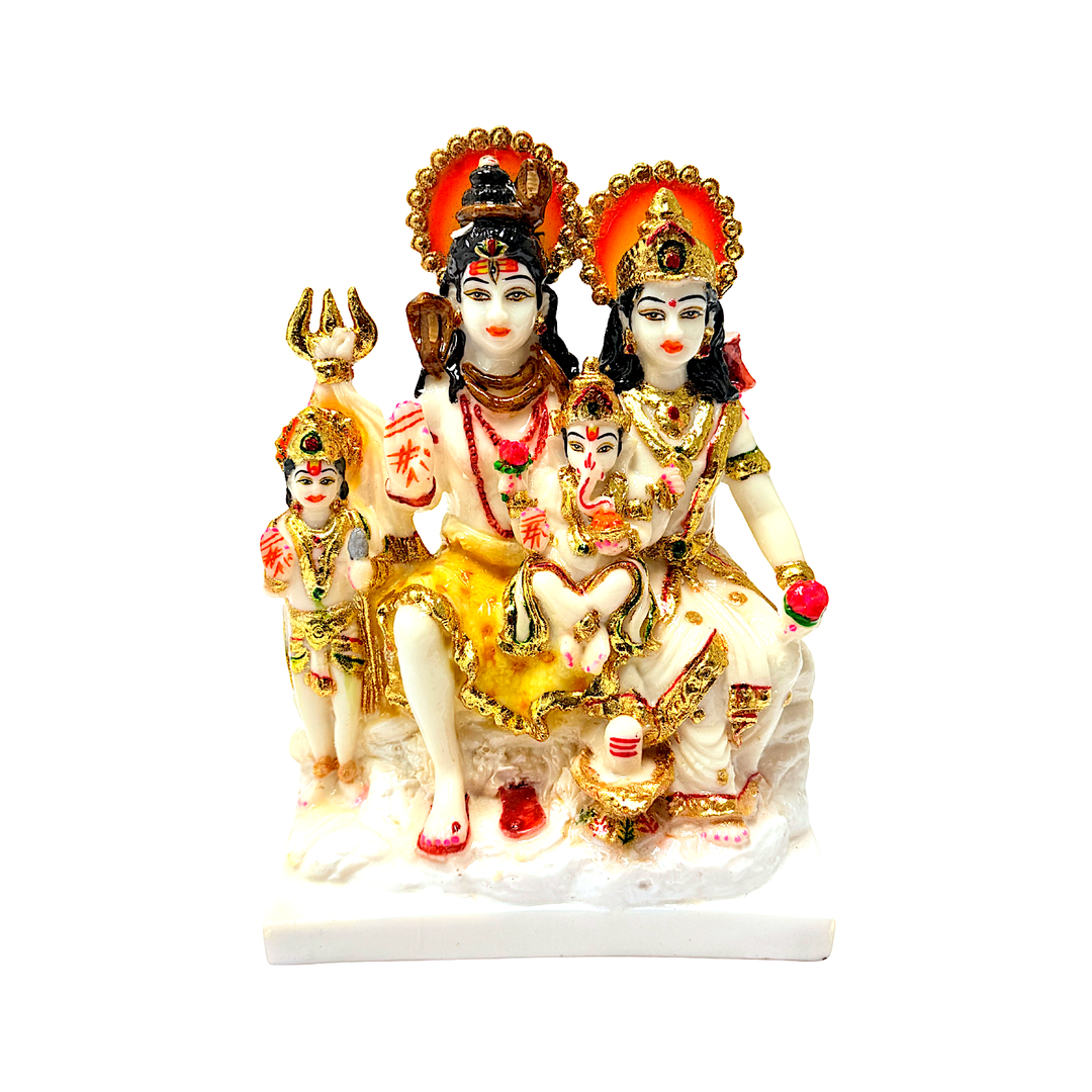 LordShiva Family White and Gold, Colorful Marble Dust, 9 Inch Idol