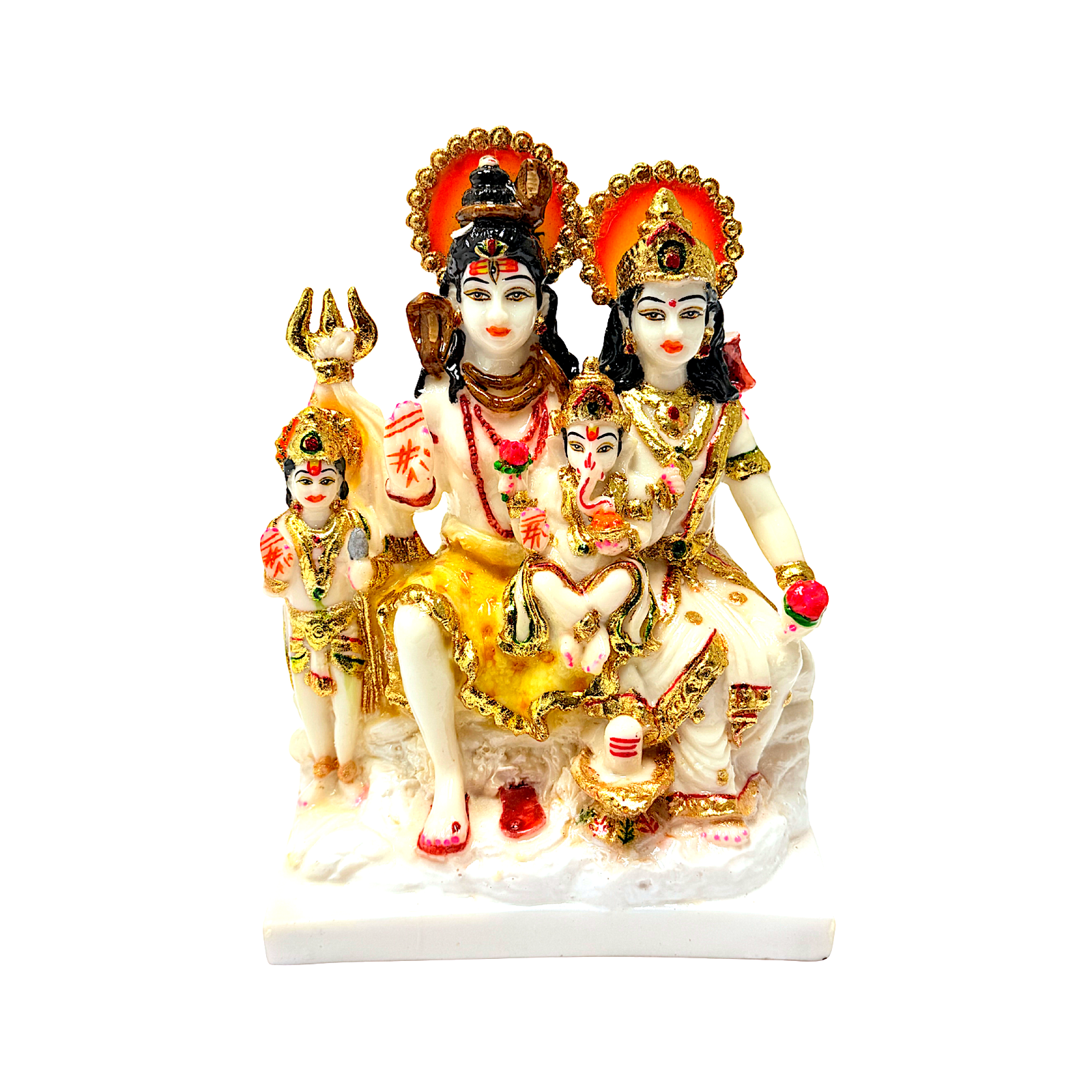 LordShiva Family White and Gold, Colorful Marble Dust, 9 Inch Idol