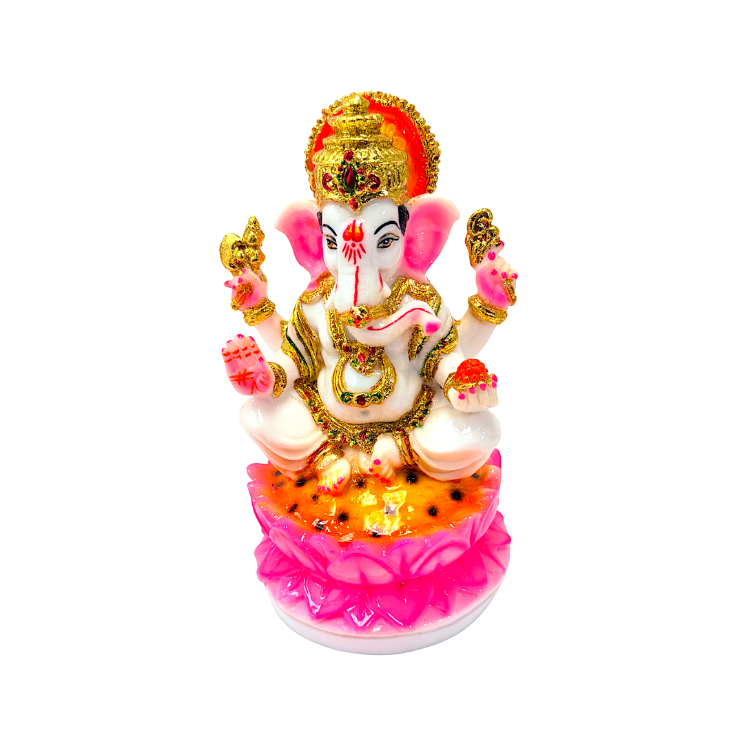 Lord Ganesha White and Gold, Colorful Marble Dust, 8 Inch Idol