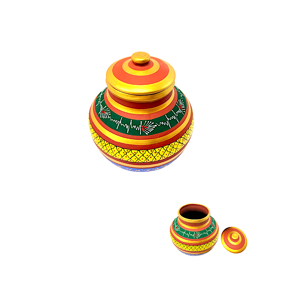 Clay Matka with Lid, Hand Painted, 8L Clay Matka (Water tank) with Lid, Hand Painted,(Color and design may vary) - view 2