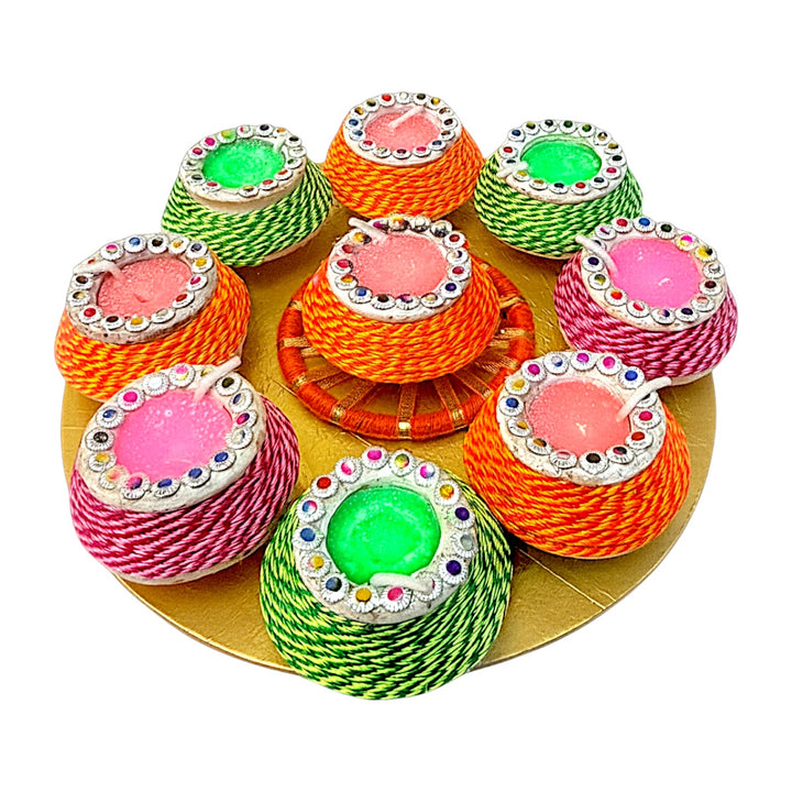 Thread-Wrapped Clay Matki Diyas with Rhinestone Rim &amp; Colored Wax, Set of 9 on Round Gold Tray – Assorted Colors