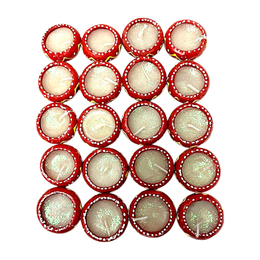 Hand-Painted Clay Diyas with Glitter Wax, Pack of 20 – Red with White Dots &amp; Yellow Zigzag