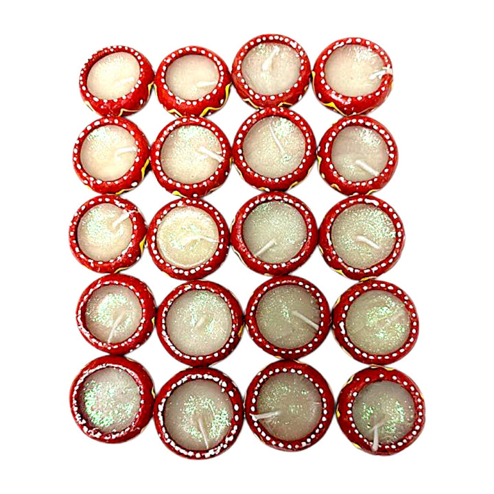 Hand-Painted Clay Diyas with Glitter Wax, Pack of 20 – Red with White Dots &amp; Yellow Zigzag