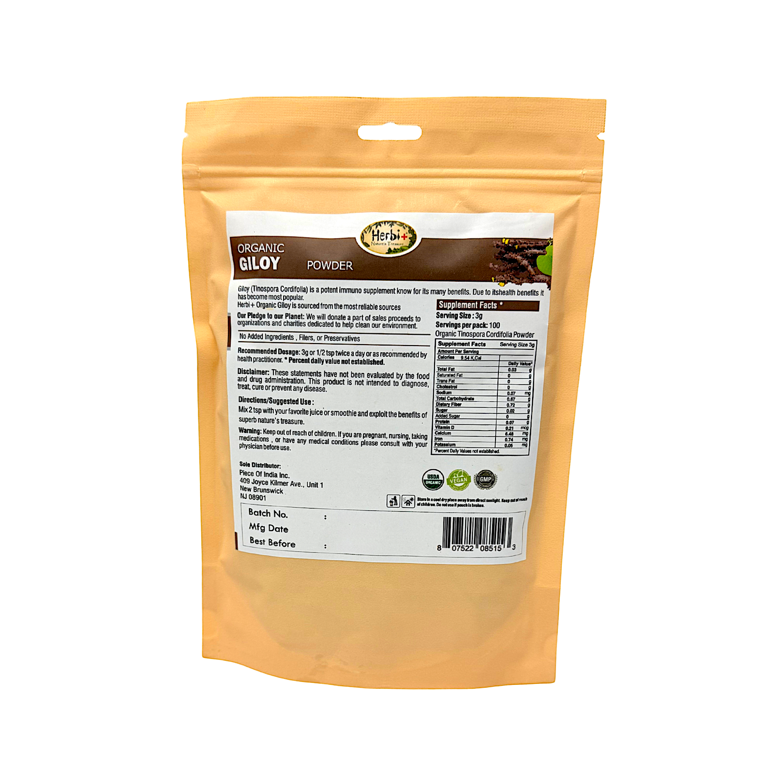 Herbi Plus Organic Giloy Powder 7 oz Anti Viral, Pro Immunity