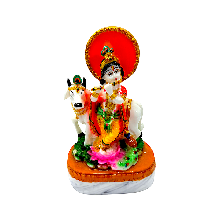 Lord Krishna with Flute and Cow, Colorful Marble Dust, 7 Inch Idol
