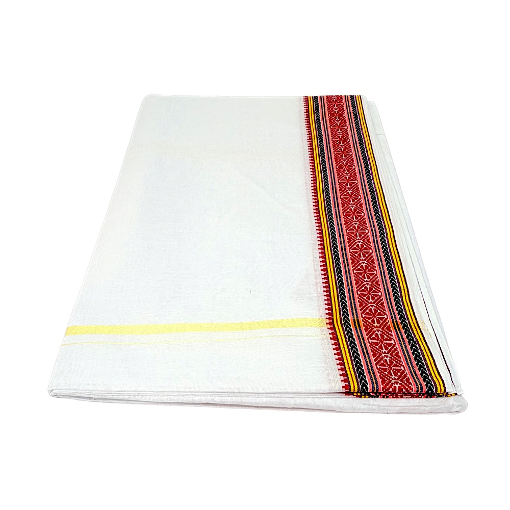 White cotton dhoti 4.5 meter with gold stripe and red woven border