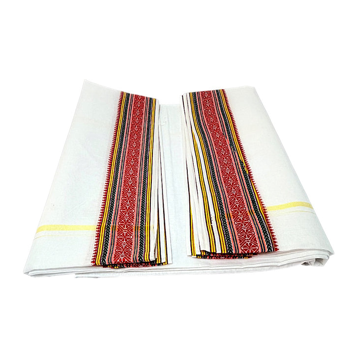 White cotton dhoti 4.5 meter with gold stripe and red woven border