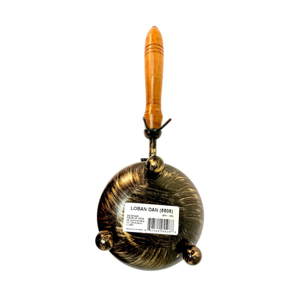 Metallic antique look incense burner with wooden handle - 4.25 Inches