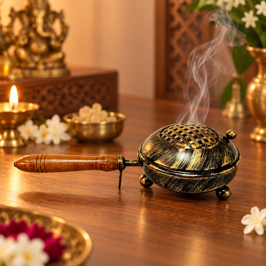 Metallic antique look incense burner with wooden handle - 4.25 Inches